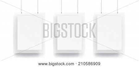 Blank Three Hanging Poster And Frame With Wire Mockup Vector On White Background. Mockup Concept