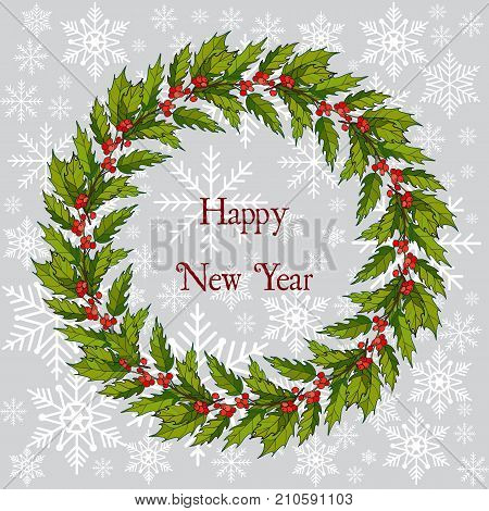 Christmas and New Year holly tree wreath with green leaves and red berries. Vector illustration