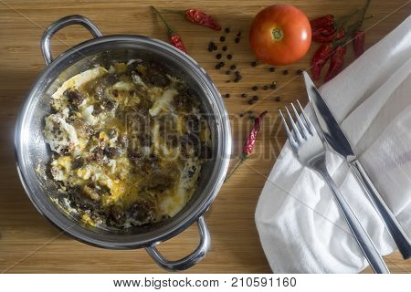 Turkish scrambled eggs with Kavurma / Omlet or Omelette.