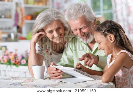 grandparents with granddaughter using laptop while sitting at table