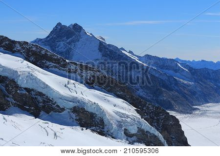 Part of the Aletsch glacier and mount Fiescher Gabelhorn. View from Jungfraujoch Switzerland.