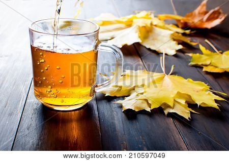 Cup Of Hot Tea In Autumn Day On Dark Brown Wooden  Background