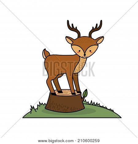 cute deer animal in bole wood tree vector illustration