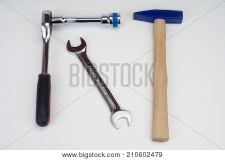Workshop scene. Tools on the table and board.