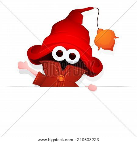 Wizard hold blank banner. Friendly magic little man in big magician hat with arm in a welcoming gesture. Vector illustration.