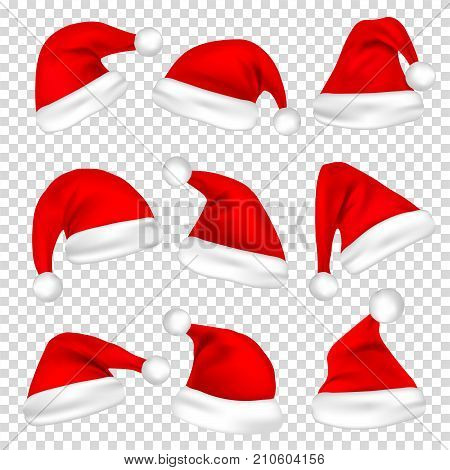 Christmas Santa Claus Hats Set. New Year Red Hat Isolated on Transparent Background. Vector illustration.