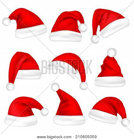 Christmas Santa Claus Hats Set. New Year Red Hat Isolated on White Background. Vector illustration.