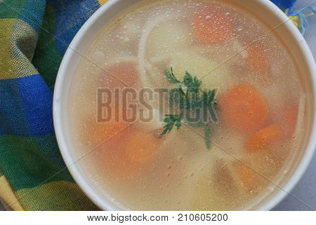 Chicken Soup with Vegetables and noodles. Close