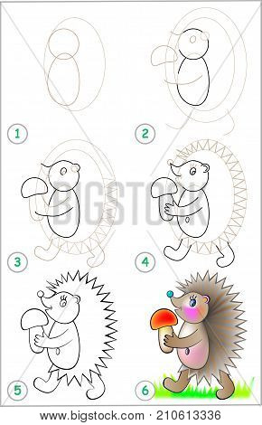 Page shows how to learn step by step to draw a hedgehog. Developing children skills for drawing and coloring. Vector image.