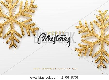 Christmas background with Shining gold Snowflakes. Lettering Merry Christmas card vector Illustration.