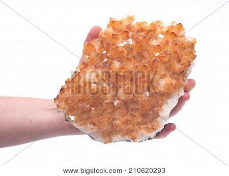 Citrine druzy cluster in woman's hands isolated on white background