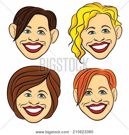 Four laughing female faces with amusing grimaces hand drawing cartoon color vector illustrations isolated on the white background