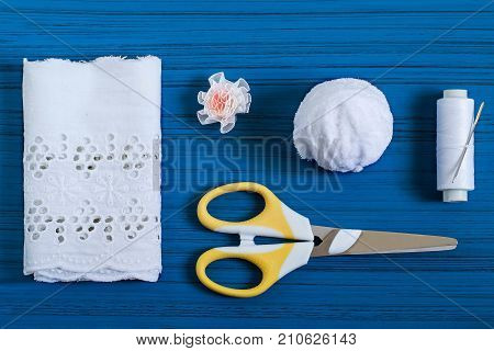 Making Christmas angel out of thread and cloth embroidered with richelieu. Original art project. DIY concept. Step-by-step photo instructions. Step 1. Preparation of materials and tools