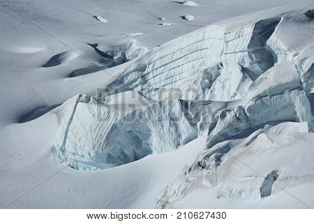 Visible layers of ice and crevasses. Aletsch glacier.