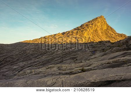 View from the top of the majestic mount Kinabalu in Kinabalu national,Sabah during morning sunrise.Its the highest mountain in Malaysia is one of Borneo's most popular tourist attractions & climbers.