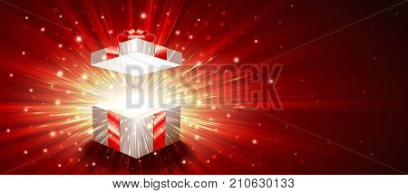 Open gift box with a shining exploding firework of glitters and radial zoom of light rays. Greeting banner for Christmas New Year Birthday. Vector illustration are proportion to 8.5x3.66 flyer size