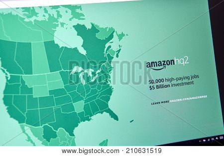 MONTREAL CANADA - OCTOBER 24 2017: Amazon second headquarter description and map on official website. Amazon HQ2 will be Amazon's second headquarters in North America.