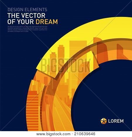 Design element for corporate graphic layout. Modern abstract geometry background template design whith colored cityscape vector illustration for investment, business, real estate, construction.