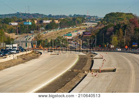 OAKWOOD OH - OCTOBER 21 2017: New concrete lanes form the central feature of the ongoing construction project on Interstate 271 near Cleveland.