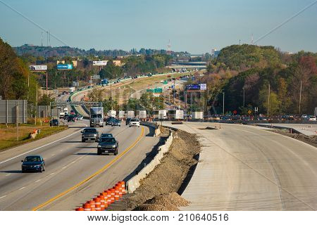 OAKWOOD OH - OCTOBER 21 2017: New lanes and traffic diverted to the other side are part of the ongoing construction project on I-271 near Cleveland.