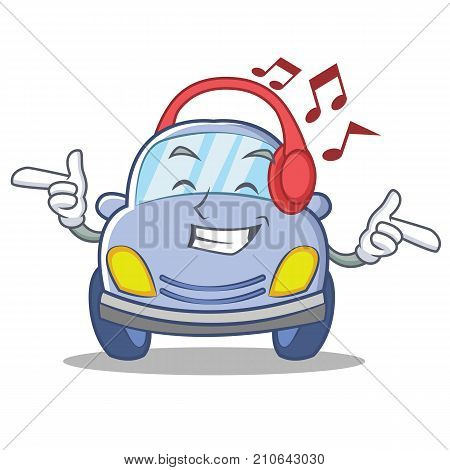 Listening music cute car character cartoon vector illustration