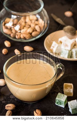 Coffee With Milk, Pistachios And Turkish Delight