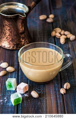 Turkish Pistachio Coffee Brewed In Turk With Milk, Pistachios And Turkish Delight
