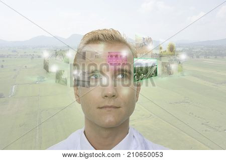 smart industry agriculture concept agronomist or farmer use technology look through the augmented reality of multi windows about picture function plan. data to managementcontrol in the farmfield