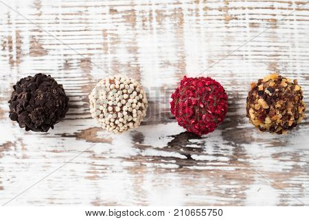 homemade chocolate pralines. homemade chocolate truffle on wooden table