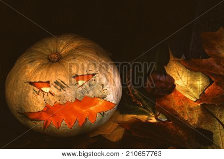 Pumpkin Halloween Jack-o-Lantern with autumn leaves next to a wooden background.