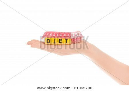 Photo de femme main avec le mot diète et Tape Masure