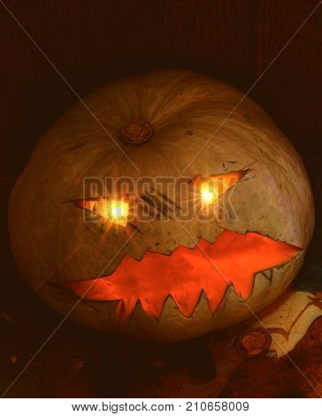 Halloween pumpkin next to a wooden background