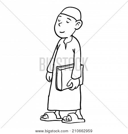 Illustration of Arab boy standing hold a book for Islamic education concept. Hand drawn Vector