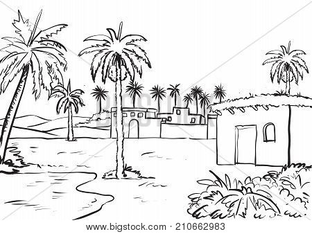 Illustration of Middle east rural view. Ink drawn sketch Vector. Ink drawn picture sketch in art retro etching graphic style pen on paper-Vector Illustration