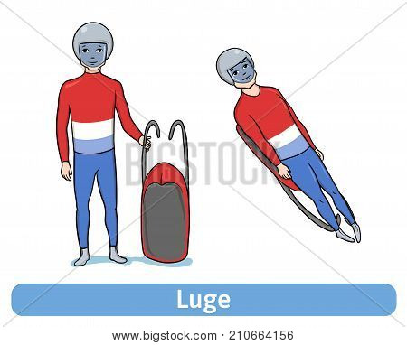 Athlete Luger. Young man with sledge standing and in motion. Winter sport, Luge. Vector Illustration, isolated on white background.