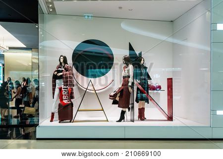Chanel shop at Emquatier Bangkok Thailand Sep 23 2017 : Luxury and fashionable brand window display. New Fall collection clothings and accessories showcase at flagship store. Perspective view.