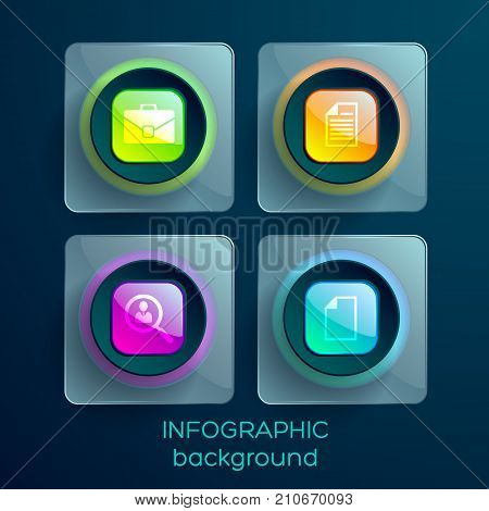 Business web design elements with icons colorful glossy squares and glass rectangles isolated vector illustration