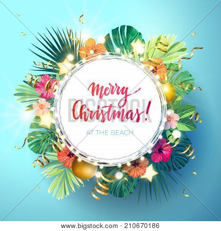 Christmas on the summer beach design with monstera palm leaves, hibiscus flowers, xmas balls and gold glowing stars, vector illustration.