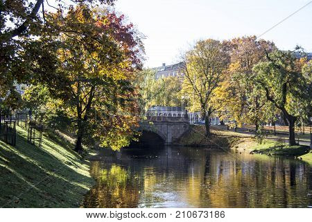 Riga Canal in autumn that flows through Bastion hill park (Bastejkalns). Latvia