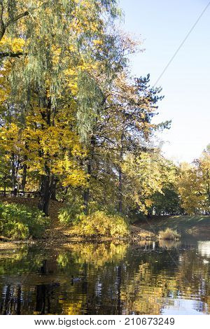 Riga Canal in autumn that flows through Bastion hill park (Bastejkalns). Latvia