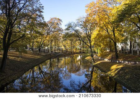 Riga Canal in autumn that flows through Bastion hill park (Bastejkalns). Latvia