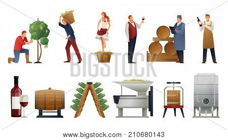 Wine production gradient set with people and bottles flat isolated vector illustration