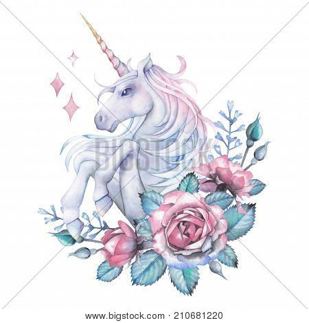 Cute watercolor design with pastel colored unicorn decorated with rose vignette. Hand painted elegant design isolated on white background