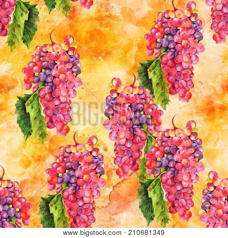 A seamless pattern with a vintage style watercolour drawing of a vibrant bunch of wine grapes with a green leaf on a golden yellow background. Fall wine related repeat print