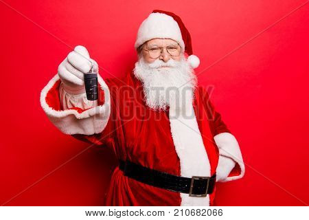 Funny Aged Grandfather In Red Traditional Outfit And Headwear. X Mas Noel Time! Success, Happiness,