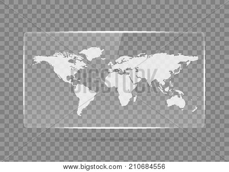 Transparent plastic or glass banner with a map of the earth on a white background. Transparent billboard with highlights. Vector illustration.