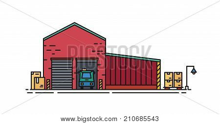 Warehouse built of red brick with roller doors and vehicle standing inside loading dock. Commercial building for storage of goods isolated on white background. Vector illustration in line art style