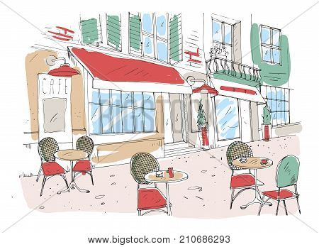 Colored drawing of summer sidewalk cafe, coffeehouse or restaurant with tables and chairs standing on city street beside gorgeous antique building with awning. Colorful hand drawn vector illustration