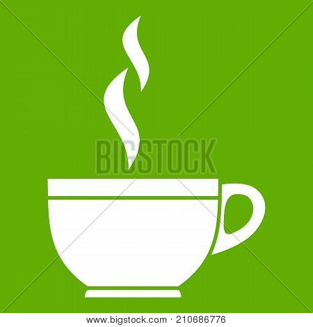 Glass cup of tea icon white isolated on green background. Vector illustration