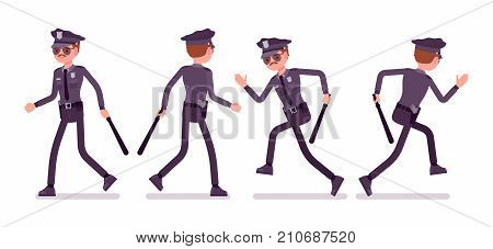 Young policeman walking and running. Patrolling neighborhoods, keep citizens safe, performing regular foot patrol on assign area. Vector flat style cartoon illustration isolated on white background